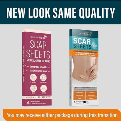 NUVADERMIS Silicone Scar Sheets - Dermatologically Tested in USA - As Surgical Cream, Gel, Tape, Strips, Patches - Keloid, C-Section, Tummy Tuck - Surgery Scars Removal Treatment - 4 Pack 5.7"x1.57"