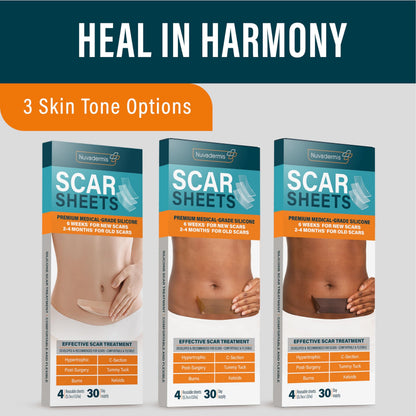 NUVADERMIS Silicone Scar Sheets - Dermatologically Tested in USA - As Surgical Cream, Gel, Tape, Strips, Patches - Keloid, C-Section, Tummy Tuck - Surgery Scars Removal Treatment - 4 Pack 5.7"x1.57"