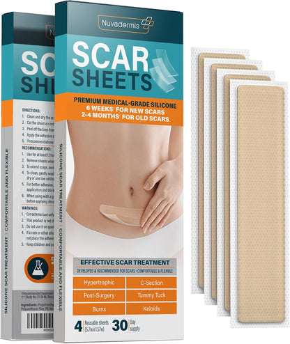 NUVADERMIS Silicone Scar Sheets - Dermatologically Tested in USA - As Surgical Cream, Gel, Tape, Strips, Patches - Keloid, C-Section, Tummy Tuck - Surgery Scars Removal Treatment - 4 Pack 5.7"x1.57"