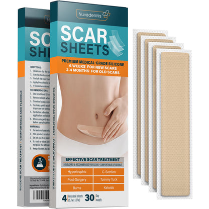 NUVADERMIS Silicone Scar Sheets - Dermatologically Tested in USA - As Surgical Cream, Gel, Tape, Strips, Patches - Keloid, C-Section, Tummy Tuck - Surgery Scars Removal Treatment - 4 Pack 5.7"x1.57"